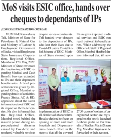 MOS visits ESIC Office, hands over cheques to dependants IPs