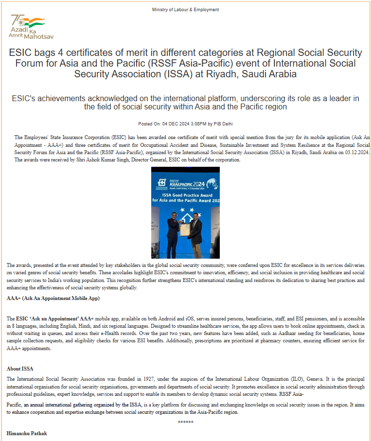 ESIC bags 4 certificates of merit in different categories at Regional Social Security Forum for Asia and the Pacific event of International Social Security Association ISSA at Riyadh, Saudi Arabia